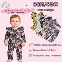 Setelan Dua Potong Motif Campuran untuk Anak Perempuan, Atasan Lengan Panjang Model Flutter Shoulder, Celana Bell Bottom, Dapat Dipesan Sesuai Keinginan