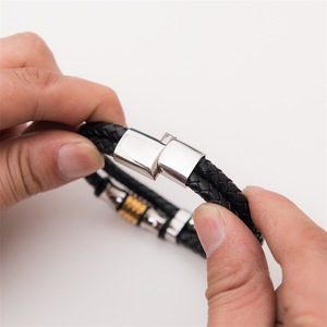 Men's Braided Leather <b>Wrap</b> Bracelet Stainless Steel Gold Plated Casual Sporty Style Geometric Pattern <b>Black</b> - Product Image 2