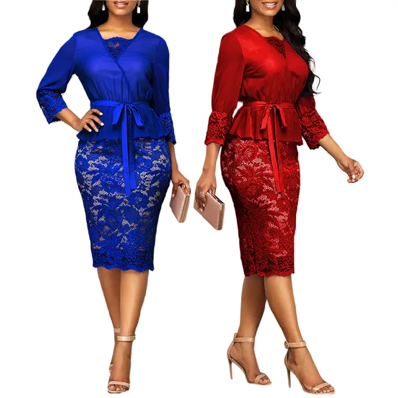 F0836 High Quality Spring And Autumn Ladies Business Dress Sexy V Neck Ladies Office Dresses Plus Size Lace Midi Fall Dress