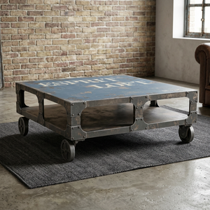 Table basse carrée de luxe en fer et métal, style industriel vintage, avec roulettes réglables, design rustique antique, pour salon et maison - Product Image 3