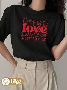 T-Shirt da Donna con Stampa Love, Collo Tondo, Motivo con Lettere Rosse, 100% Cotone, Casual Elegante, Primavera Estate, Manica Corta - Product Image 3
