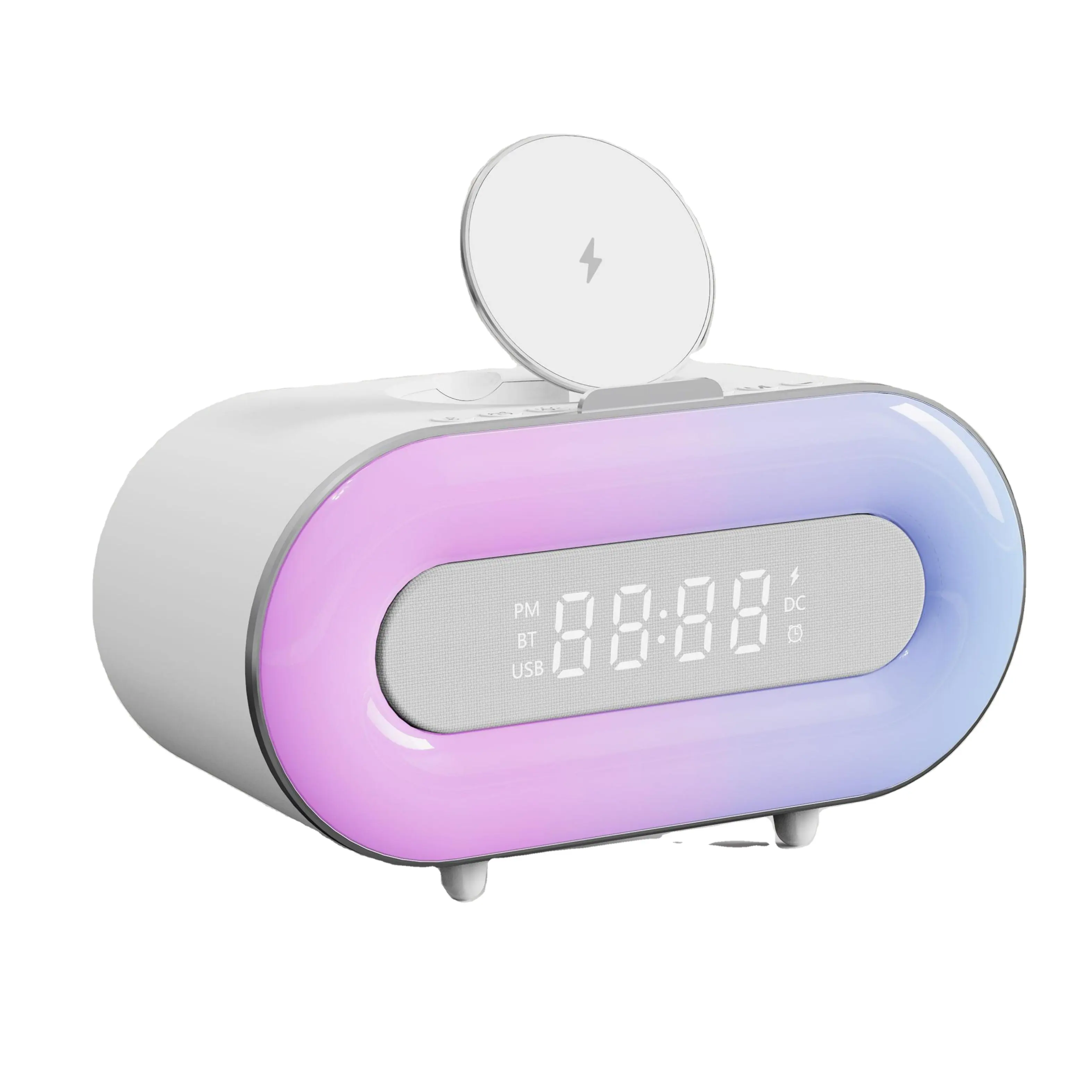Bluetooth Speaker Alarm Clock with Wireless Charger LED Night Light 2500mAh Battery RGB Smart Speaker for Bedroom Home Outdoor