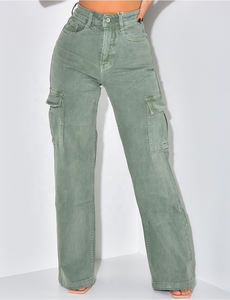 Pantalones vaqueros informales con múltiples bolsillos para <span class=keywords><strong>mujer</strong></span>, Pantalón Cargo de cintura alta, de pierna ancha con cremallera, gran oferta - Product Image 4