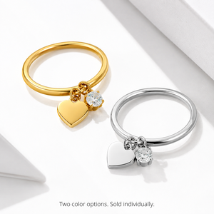 Anillo con Dije de Corazón y Circonita, Banda Delgada de Acero Inoxidable, Opciones en Color Oro y Plata, con Acabado en Oro de 14K con Recubrimiento al Vacío - Product Image 1
