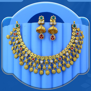 Collier et boucles d'oreilles traditionnels indiens en or, avec pierres rouges et vertes, design temple, bijoux de mariée, pour occasions festives, pour femmes - Product Image 1