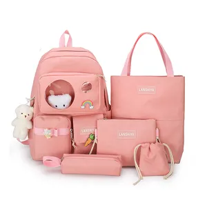 可爱尼龙帆布学院5 pcs书包背包套装粉色旅行女女生单肩书包