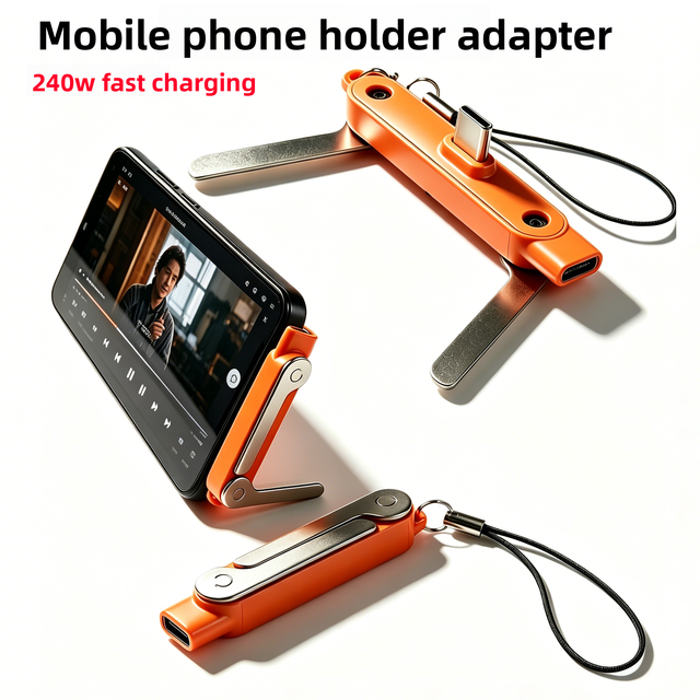 240W Fast Charging Type-C Adapter with Foldable Phone Holder 2-in-1 USB-C Converter for Gaming Video Watching