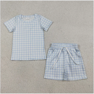 BSSO1896 Conjunto de pantalones cortos de verano para niños con estampado de cuadros azules - Product Image 3