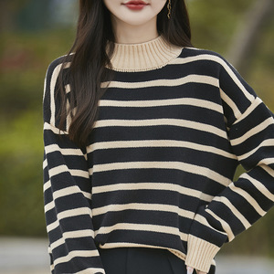 Suéter de punto grueso con cuello simulado y rayas para mujer, manga larga, transpirable, informal - Product Image 4