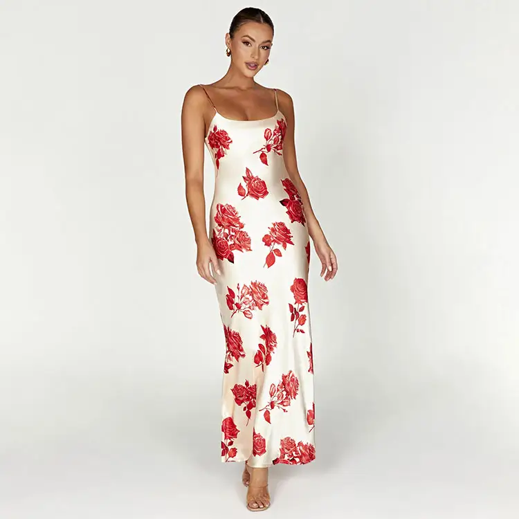 Aschulman Custom 2023 Casual Night A Line Slip Satin Silk Maxi Rose Floral Print Dresses for Women