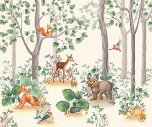 森林动物油画壁画，手绘豪华环保儿童壁纸，适合艺术幼儿园和卧室 - Product Image 3