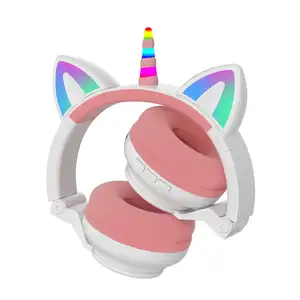 Stn27 fone de ouvido sem fio rosa, fone de ouvido fofo unicórnio para crianças pequenas, fones de ouvido de gato