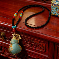 Collier pendentif gourde chinoise traditionnelle, breloque calabash émaillée avec perles multicolores, collier en onyx noir
