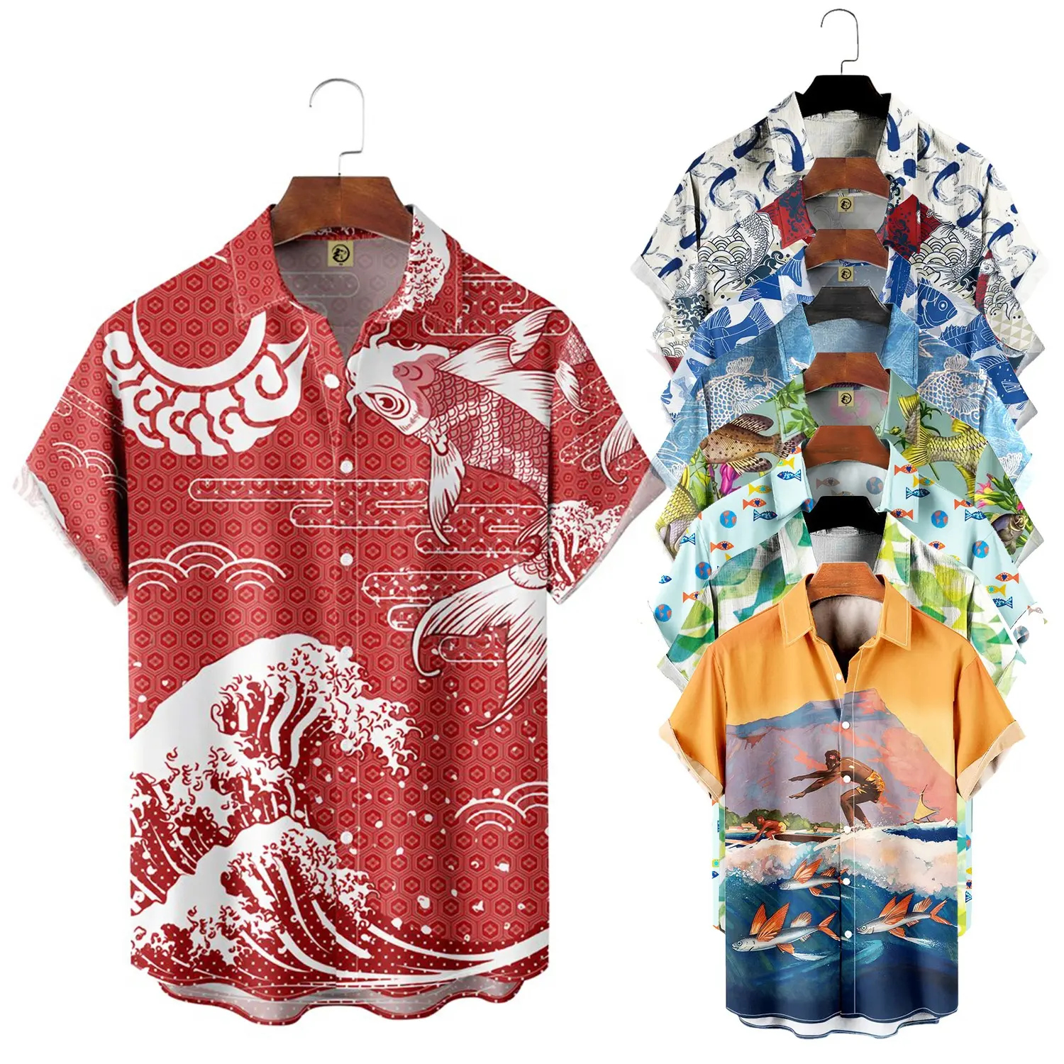 Summer Fashion Button Up Men's Hawaiian Shirts Sea Fish Print Casual Loose Linen Shirt Beach Tops Streetwear Blouse Clothing