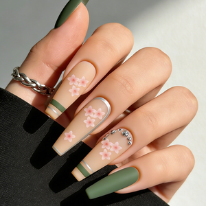 Lot de 24 faux <span class=keywords><strong>ongles</strong></span> longs <span class=keywords><strong>vert</strong></span> <span class=keywords><strong>olive</strong></span> à presser, motifs fleurs de cerisier et strass, en ABS pré-dessinés - Product Image 1
