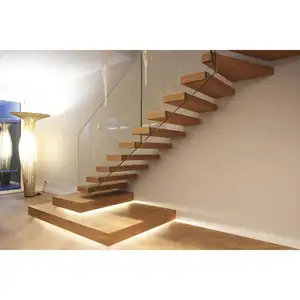 interior wood stairs with led light floating staircase/ solid wood tread floating oak stairs for villa house use