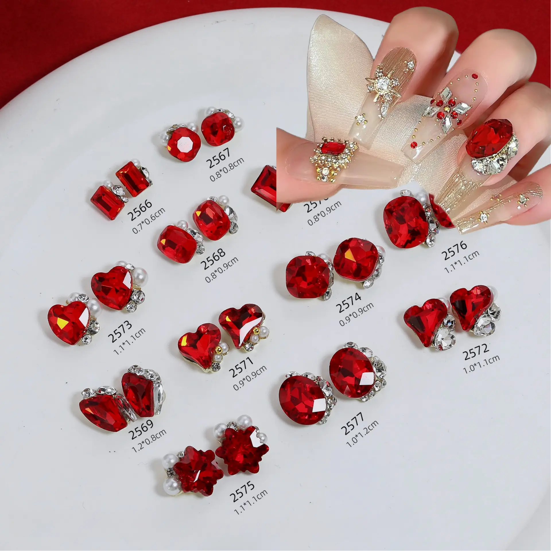 Neujahr Nagelkunst Retro Bordeaux roter Stapel Diamant Herzfelsen Zucker Fett Viereckige rote Schneefloche Legierung Diamant-Nagelschmuck