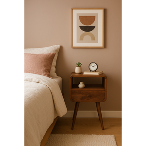 Solid Wood Mini Curve Bedside 1 Drawer 1 Open Slot <b>Chestnut</b> Brown Nightstand Bedroom Storage - Product Image 1