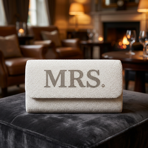 Elegant <b>White</b> Genuine <b>Leather</b> <b>Clutch</b> With MRS Letter Embroidery For Wedding Evening Use - Product Image 4