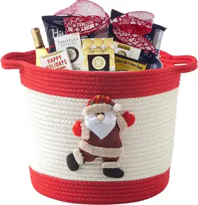 Red Rope Basket Christmas Toy Storage Baskets With Santa Foldable Woven Hampers Sundries Bin With Durable Handles