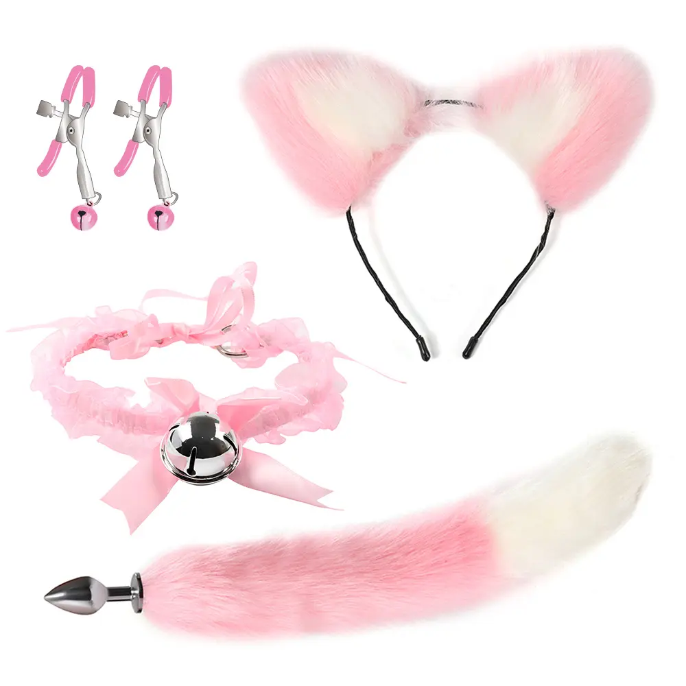 4pcs SM Cute Fox Tail Plug anale orecchie di gatto cerchio per capelli collare a campana morsetto per capezzoli Roleplay Bondage Catwoman Set