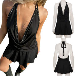 Minivestido de verano para mujer, estilo oscuro, con tachuelas, cuello en V profundo, ecológico, cintura natural, sexy, sin espalda, corte A, ajustado - Product Image 1