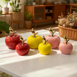 Decorazioni di Mele con Stelo Dorato di Alta Qualità per Arredamento Casa, Soggiorno, Decoro in Ceramica a Forma di Mela per Interni - Product Image 1