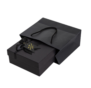 Thick <b>Black</b> Cardboard Eco-Friendly High-End Gift <b>Box</b> with Lid/Base Structure Satin Bow Gold Foil Tag Four-Color Printing - Product Image 1