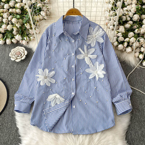 Camisa de Mujer con Solapa y Flores, Blusa Holgada a Rayas, a la Moda - Product Image 4