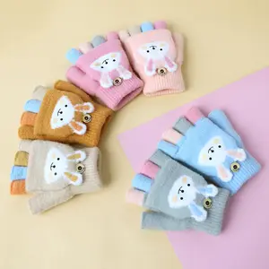 Детские зимние мягкие откидные перчатки с полупальцами, теплые вязаные перчатки с милым кроликом