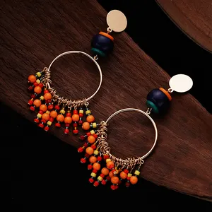 Brincos boho longos de contas penduradas para mulheres, brincos de praia com borla longa vermelha, flores esmaltadas artesanais para noivas e casamentos, pendentes femininos