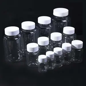 empty15/20/30/50/80/100/150ml square round plastic clear pet bottles liquid medicine capsule white screw lid samples jar