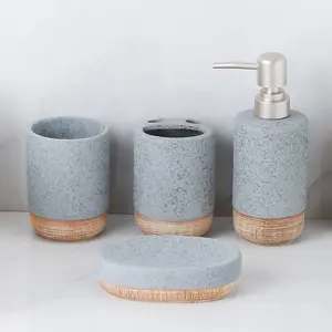 Moozi Wholesale Ceramic With Wood Bathroom Set Eco-friendly Lotion Soap Dish Dispenser Washroom Bathroom Accessories For Home