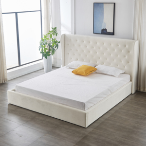 Cadre <span class=keywords><strong>de</strong></span> <span class=keywords><strong>lit</strong></span> <span class=keywords><strong>de</strong></span> style moderne California King rembourré avec rangement, design en tissu doux, avec système <span class=keywords><strong>de</strong></span> levage à vérin à gaz - Product Image 1