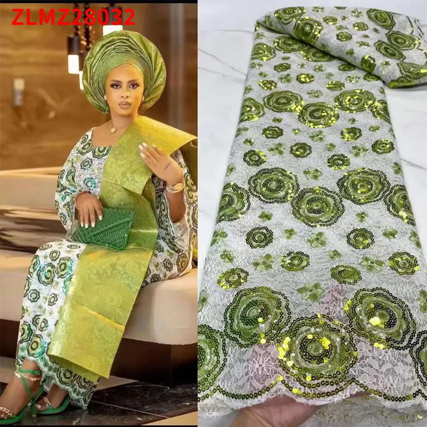 Nigerian ische Pailletten bestickte Gaze Stoff Textil für Party kleid Spitze Tüll Mesh Stoff Nachhaltige 3D Blumen stickerei Spitze
