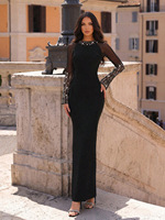 Robe de soirée élégante noire en dentelle transparente à manches longues ornée de strass, ajustée, pour occasions formelles et bals de promo