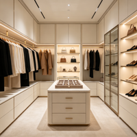 Armoire de dressing moderne sur mesure en bois massif avec tiroirs et étagères ouvertes pour villa et maison