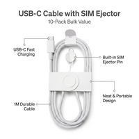 Câble de charge USB-C en nylon pratique avec outil d'éjection de carte SIM pour téléphone portable, lot de 10