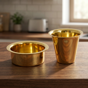 Ensemble de tasses Dabara en laiton de qualité supérieure, design floral traditionnel du sud de l'Inde, avec filtre à café et soucoupes, finition miroir de luxe - Product Image 1