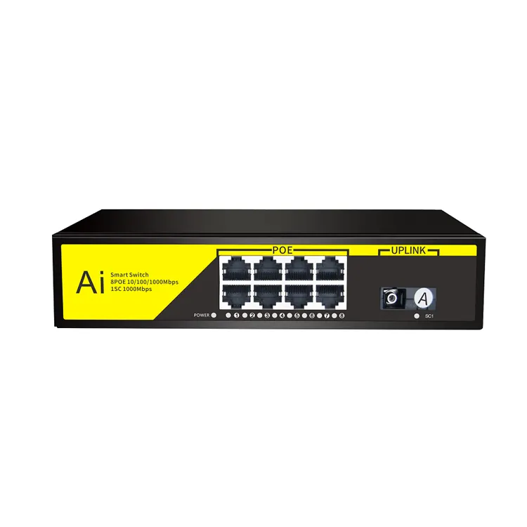 Interruttore a Poe Gigabit 9 porte, interruttore POE standard 8 + 1SC full gigabit, interruttore di rete non gestito in metallo