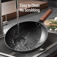 Wok en fer fin de style ancien, sans revêtement, avec poignée en bois et couvercle en verre, capacité 18L/20L, pour usage domestique, compatible gaz et induction