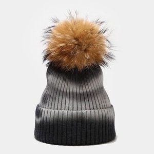 Hiver Femmes Enfants Toddler Tie Dye Real Fur Pom Pom Knit Hat Fisherman Tie-dye Beanie With Amovible Pompom - Product Image 3