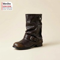 Bottes de motard vintage noires en similicuir pour femme, à bout rond, avec bride à boucle, mi-mollet, style décontracté, faible MOQ, ODM