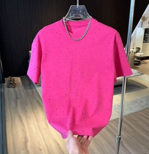 T-shirt en coton pour homme personnalisable, couleur unie, style décontracté ample, imprimé avec strass, coupe épaules tombantes - Product Image 4