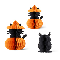 Lot de 3 décorations en papier nid d'abeille pour Halloween : Citrouille, Chat Noir, Hibou – Effet 3D, Écologiques et Réutilisables pour Fêtes d'Automne et Tables de Récolte
