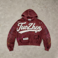 Sweat-shirt à capuche unisexe personnalisé par les fabricants, en molleton, coupe courte, effet usé, avec fermeture éclair, strass, streetwear, appliqué brodé