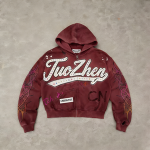 Felpe con Zip Personalizzate da Produttori, Stile Distressed con Applicazioni in Strass e Ricami, Servizio Completo per Streetwear Maschile - Product Image 3