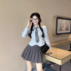 Jk Uniform Set For Women Long Sleeve Shirt And Pleated Skirt Solid Color Oxford Fabric Autumn Casual Schoolwear - Product Image 2