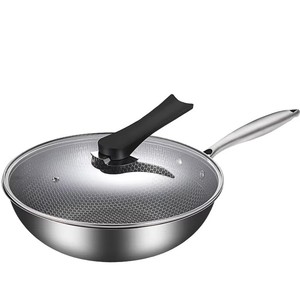 32cm Fabricación de fábrica Utensilios de cocina Wok Antiadherente Panal de acero inoxidable Cocina Freír Wok Pan con tapa de vidrio - Product Image 1
