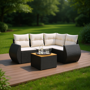 Conjunto de sofás de ratán moderno para patio, 6 plazas, negro y crema, seccional para jardín exterior con mesa de centro - Product Image 2